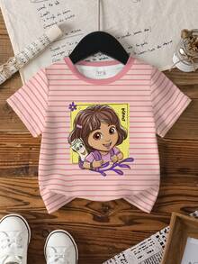 DORA | SHEIN 女童休闲卡通条纹圆领短袖T恤，夏季 - 白色 - 查看 1