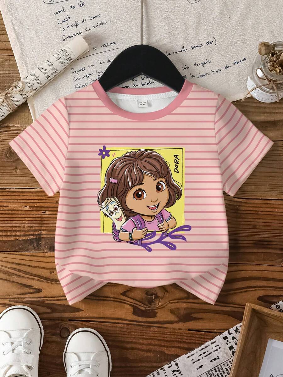DORA | SHEIN 女童休闲卡通条纹圆领短袖T恤，夏季 - 白色 - 查看 1