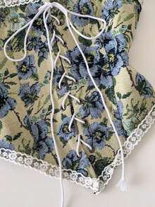 Lyxana Women's Elegant Green Floral Summer Tea Party Retro Sleeveless Camisole Slim Jacquard Lace Trim Drawstring Bow Tie Fashion Cardigan - Green - View 5