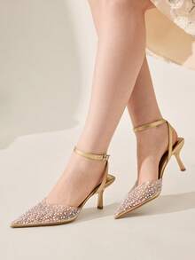 CUCCOO CHICEST 女士珍珠水钻透明带尖头细高跟凉鞋，性感优雅露背高跟鞋 - 金色 - 查看 9