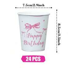 Pink Bow Disposable Plates, Napkins And Paper Cups Party Set, Serves 24 Guests. This Disposable Paper Party Tableware Is Suitable For Birthdays, Weddings, Themed Parties And Family Picnics. - View 9