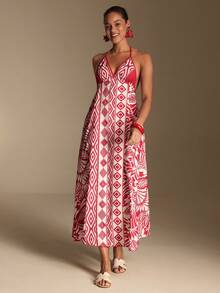 Swim Oasis Printed Halter Backless Mid-Length Dress - Red - View 3