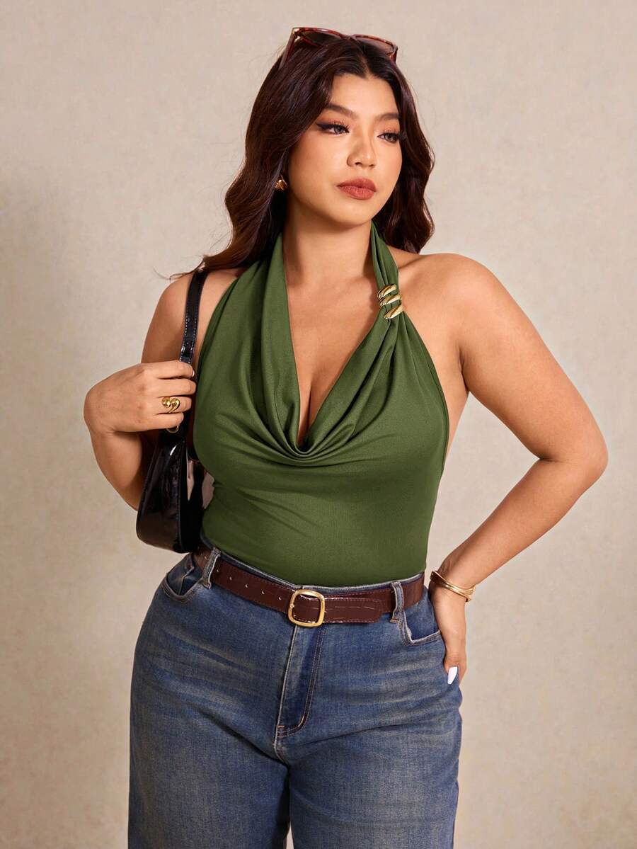 Elaquor Top Decotada Nas Costas de Cor Sólida para Mulheres Plus Size - Verde Militar - Visão 1