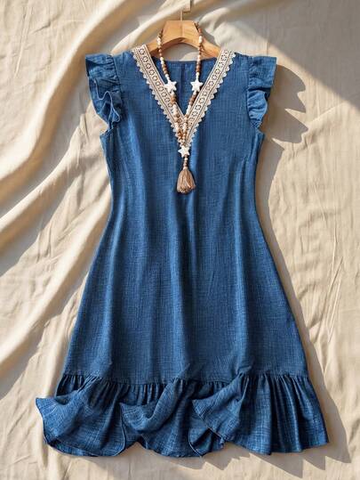 Breezaya Vestido casual de estilo vacacional para mujer con cuello en V, manga de campana y ribete de volantes, azul