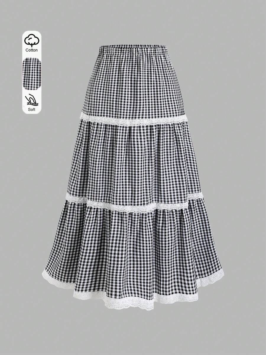 Sweetra Fashionable Casual American Preppy Style Lace Accent Tiered Flare Hem Design Women's Skirt, Spring/Summer New Arrival - Black and White - View 1