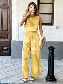 Pariaura Plaid Sleeveless Top And Pants Set, Casual Summer Outfit - Yellow - View 1