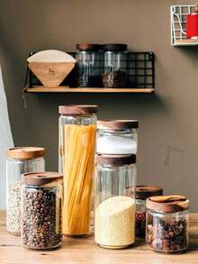 1PC Glass Storage Jar With Wooden Lid, Sealed Transparent Glass Jar, Suitable For Pantry Kitchen Organization, Home Decor Storage Solution, Home Organization, Suitable For Storing Sugar, Salt, Tea, Grains, Coffee Beans - Round Hole Acacia Wood Cover - View 4