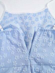 SHEIN 少女春秋优雅提花小花开襟褶皱蕾丝边长袖上衣和开衫，搭配简约吊带长裙，两件套适合日常外出、聚会和宴会。 - 淺藍色 - 查看 3