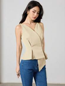 Heiryn Women's Solid Color Pleated Asymmetrical Hem Casual Versatile Daily Wear Shirt,Summer Top - Beige - View 6