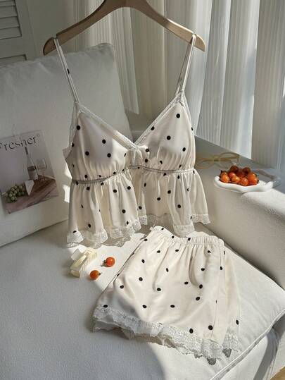 Comfortcana Bộ đồ hè cỡ lớn, kiểu dáng thường ngày, họa tiết chấm bi, viền ren, gồm áo hai dây và quần short.