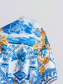 Soleia Áo liền thân dệt kim in họa tiết mới, kiểu dáng bất đối xứng, thắt nơ, thích hợp cho kỳ nghỉ của phụ nữ. - Xanh và trắng - Xem 7