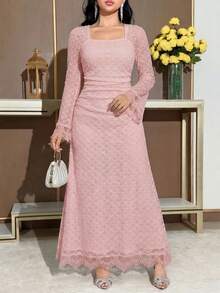 Feyla Rochie elegantă cu talie contrastantă din dantelă pentru femei, toamnă - Roz - Vizualizare 7