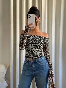 Siren Gaze Women's Leopard Print Off Shoulder Top,Beige,Autumn,Seksi Chic,Night Out Long Sleeve Sheer Mesh Blouse, Animal Cheetah Print Party & Work Wear - Apricot - View 6