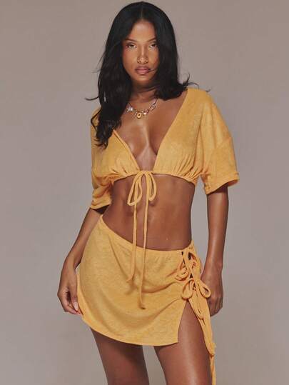 MUSERA Deep V Plunge Tie Cap Sleeve Extreme Cropped Towling Top Coord Cute Spring Holiday Vacation Occasion Ibiza Elegant Limonada