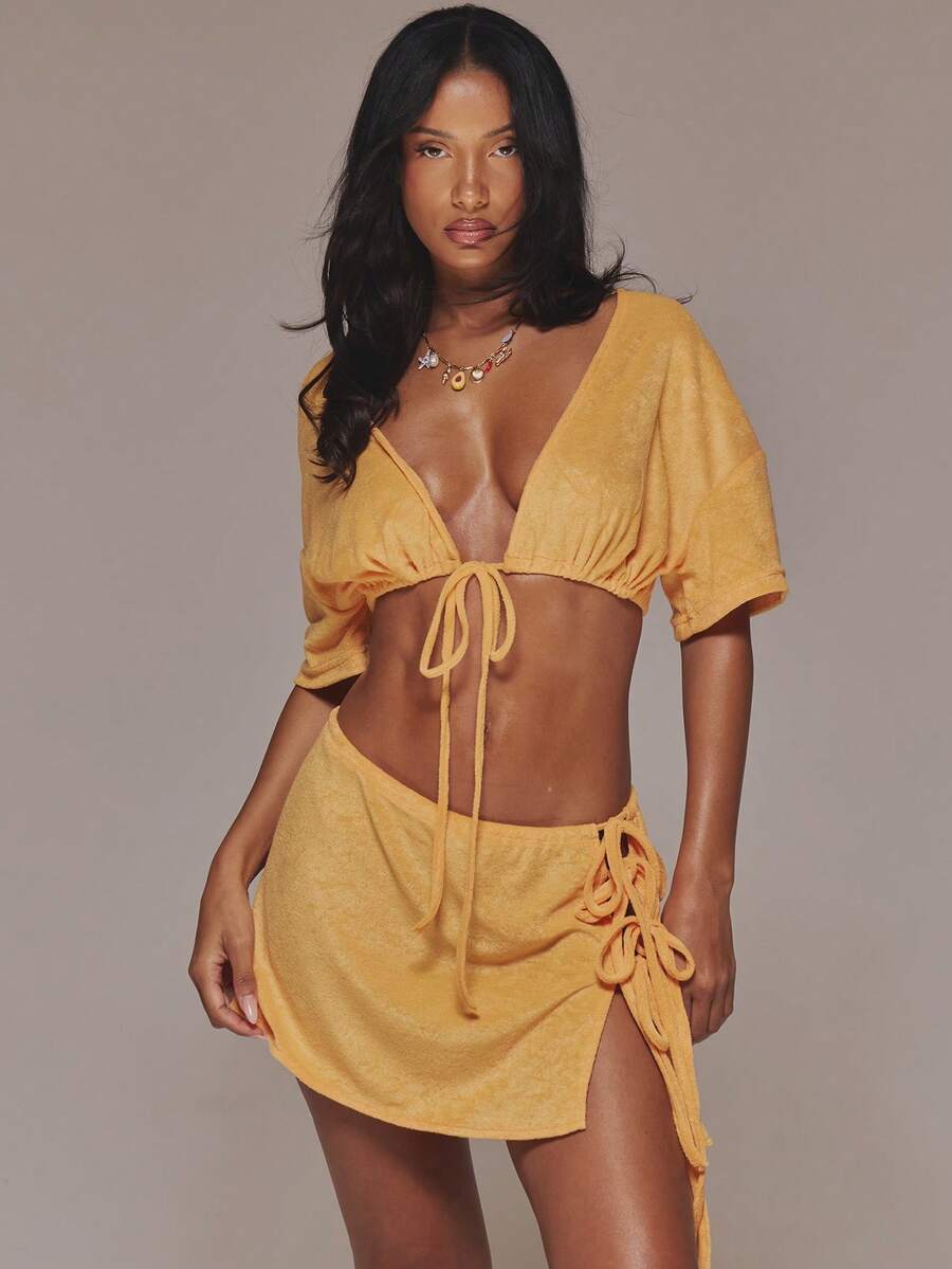 MUSERA 深V领系带短袖超短款毛巾布上衣套装，可爱春日度假场合，伊比沙岛优雅夏季装扮 - 橘色 - 查看 1