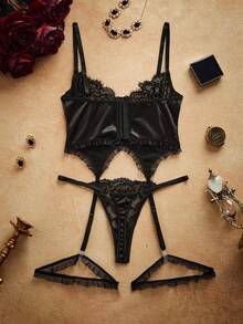 SHEIN Floral Lace Underwire Garter Lingerie Set - Black - View 7