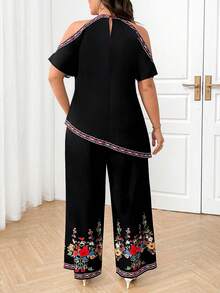 SHEIN Tall CURVE Plus Size Women's Retro Print Casual Elegant Vacation Bohemian Off-Shoulder Asymmetric Hem Top And Simple Long Pants 2-Piece Set - Black - View 2