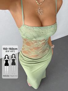 SHEIN PETITE Váy ren xuyên thấu cho nữ, trang phục dự tiệc gợi cảm, trang phục hẹn hò và lễ hội, phù hợp cho mùa thu và mùa đông, có thể dùng làm lớp lót bên trong - màu xanh lá - Xem 8