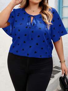 SHEIN CURVE+ Áo thun cỡ lớn CURVE PLUS /Ngày Valentine/Áo thun mùa xuân và mùa hè xếp bèo hình trái tim, Áo thun ngày Valentine - Màu xanh lam - Xem 10