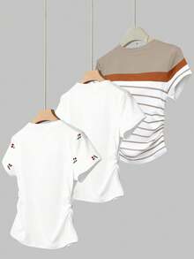SHEIN 3pcs/Set Kaos Wanita Musim Panas Motif Buah Ceri Baru, Bunga & Garis-garis - MultiWarna - View 2