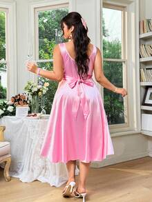 FleurLily Đầm midi dáng chữ A màu hồng satin thanh lịch, tối giản dành cho nữ cỡ lớn, phù hợp cho các buổi hẹn hò, tụ họp, tiệc tùng, hoặc làm phù dâu. - Hồng - Xem 2