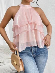 Firerie Loose Neck Ruffle Asymmetrical Chiffon Blouse - Pink - View 3