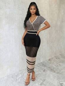 Eryvara Colorblock V-Neck Short Sleeve Fitted Elegant Knit Dress, Vacation Style - Multicolor - View 5