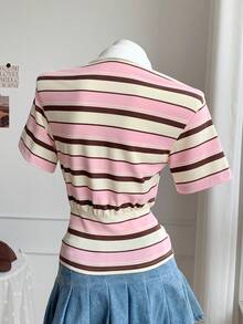 Comfortcana Women's 90s Retro Back-To-School Pink And White Striped Polo Shirt,Summer Casual Short Sleeve Ruffle Graphic Tee Tops For School Clothing - White - View 2