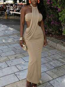 Slaydiva 早春新款、春夏音乐节、情人节、复活节、波西米亚风、游牧风、休闲、简约基础款、邮轮派对、生日派对、日常约会、休闲度假、优雅通勤、露背吊带、细带、波浪设计、露腰露背、臀部褶皱、显瘦长裙、卡其色连衣裙、女士长裙 -A - 卡其色 - 查看 12