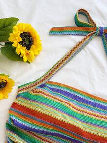 Soleia Women's Vacation Halter Tie-Up Striped Fitted Camisole, Suitable For Holiday, Date, Afternoon Tea, Music Festival, Bohemian Style - Multicolor - View 3