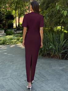 Aloruh New Solid Color Versatile Elegant Intellectual Minimalist Office Commute Ruched Decor Loose Top Tight Waist Midi Sheath Dress,Summer Dresses For Women - Purple - View 2