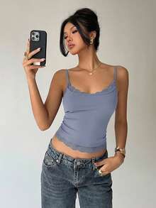 Aloruh Top de camisola ajustado con parches de encaje y volantes, versátil para uso diario - Neblina azul - Ver 7