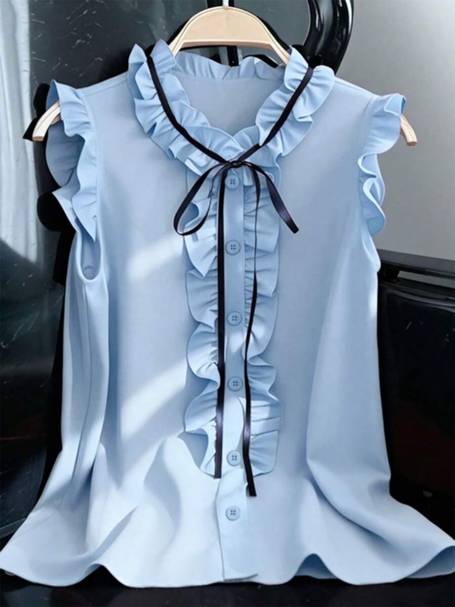 Franclia 荷叶边无袖休闲宽松衬衫，优雅女士衬衫，红色上衣，夏季无袖衬衫，女士上衣和衬衫，蓝色荷叶边衬衫，女士服装，职业衬衫 - 淺藍色 - 查看 1