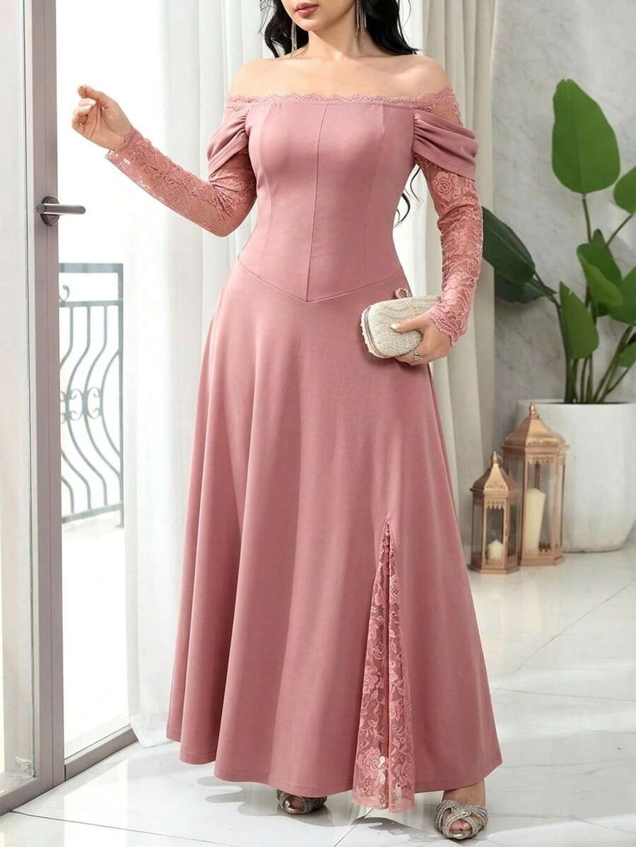 Feyla 女士露肩蕾丝中长连衣裙,时尚百搭,适合约会和派对 - 粉色 - 查看 1