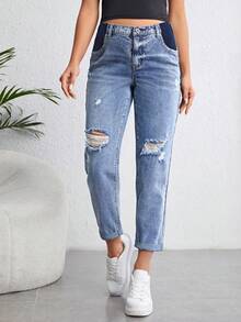 SHEIN Jeans de maternidad de tiro alto rasgados, jeans de mamá - Azul lavado medio - Ver 1