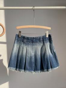 Elamini 女士休闲毛边褶皱牛仔迷你裙 - 藍色 - 查看 1