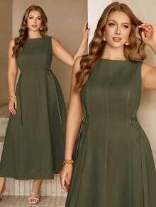 Roveilla 大码女式纯色船领无袖连衣裙，配腰带，优雅法式复古正式办公通勤商务休闲百搭款，适合春夏穿着 - 軍綠色 - 查看 1