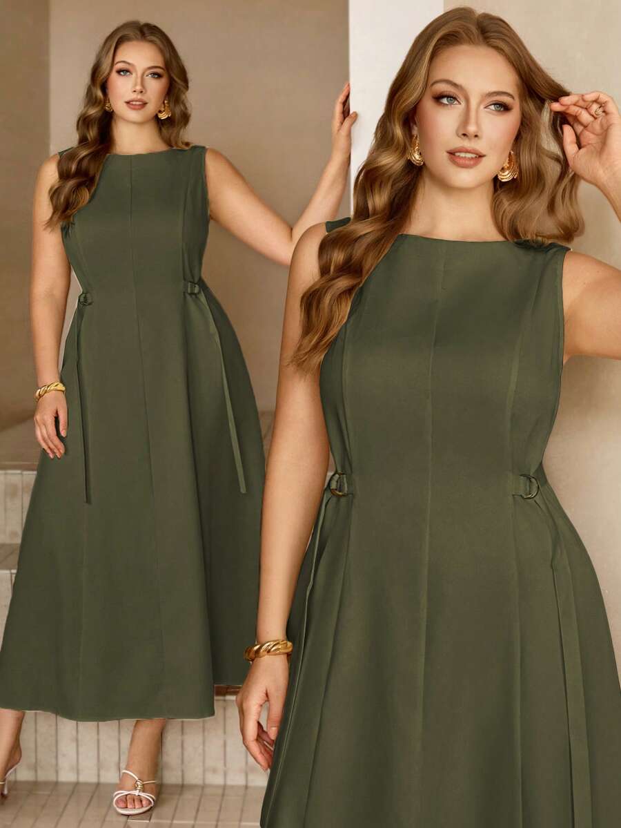 Roveilla 大码女式纯色船领无袖连衣裙，配腰带，优雅法式复古正式办公通勤商务休闲百搭款，适合春夏穿着 - 軍綠色 - 查看 1