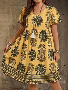 EMERY ROSE Plus Size Floral & Geometric Print Casual Vacation Dress - Mustard Yellow - View 5