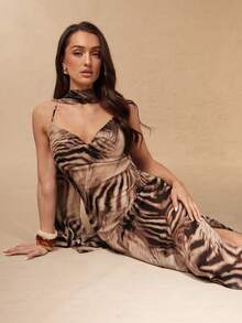 Silquee Summer Elegant Brown Beige Wood Grain Print Chiffon Maxi Dress,Seductive Backless Halter Neck Tie-Waist Fishtail Party Night Wedding Guest Dress - Multicolor - View 6