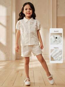 SHEIN Elladie kids Young Girl Solid Color Button Front Short Sleeve Shirt And Shorts Set, Young Girls Linen Retro Outfit, Summer Little Girl Outfit Sets For Recognition - White - View 9