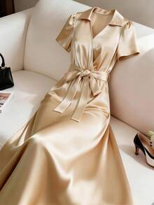 GlowEve CURVE Plus Size V-Neck Comfortable Elegant Versatile Commuting Dress, Waist Cinching Slimming Stylish - Champagne - View 1
