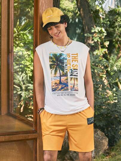Open Phase 2pcs Fashion Casual Mature Vacation Coconut Tree Photo & Letter Print Fitted Tank Top And Shorts Set For Men, Perfect Summer Holiday, Dating, Party Outfit, Ideal Gift For Boyfriend Men Beach Outfits