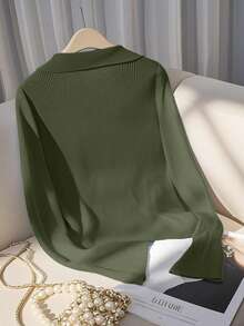 SHEIN Franclia 新款春秋季修身短款法式时尚Polo领针织开衫 - 軍綠色 - 查看 2