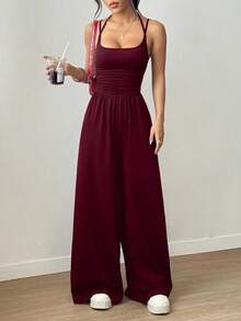 SHEIN PETITE Bộ áo liền quần nữ dáng suông, xếp ly, rộng rãi, thích hợp cho mọi mùa. - Màu Đỏ Sâu - Xem 3