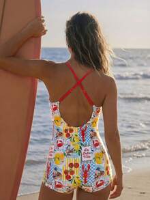 Swim SPRTY 2026 New Spring/Summer Women's One-Piece Random Print Beach Vacation Elegant Casual Surfing Outfit Women's Beach Outfit - Multicolor - View 1