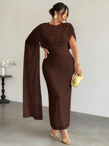 Plus Size Comfortable Casual Elegant Vacation Beach Music Festival Ruched Neck Commute Work Office Chiffon Elastic Slimming Dress For Women, Spring/Summer - Brown - View 4