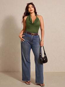 Elaquor Top Decotada Nas Costas de Cor Sólida para Mulheres Plus Size - Verde Militar - Visão 3