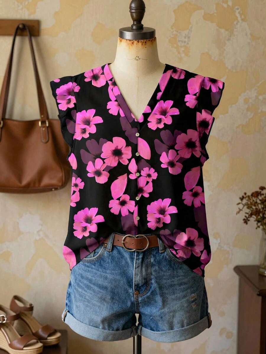 EMERY ROSE Elegant Tropical Floral Print Casual Loose Shirt, Suitable For Summer - Multicolor - View 1
