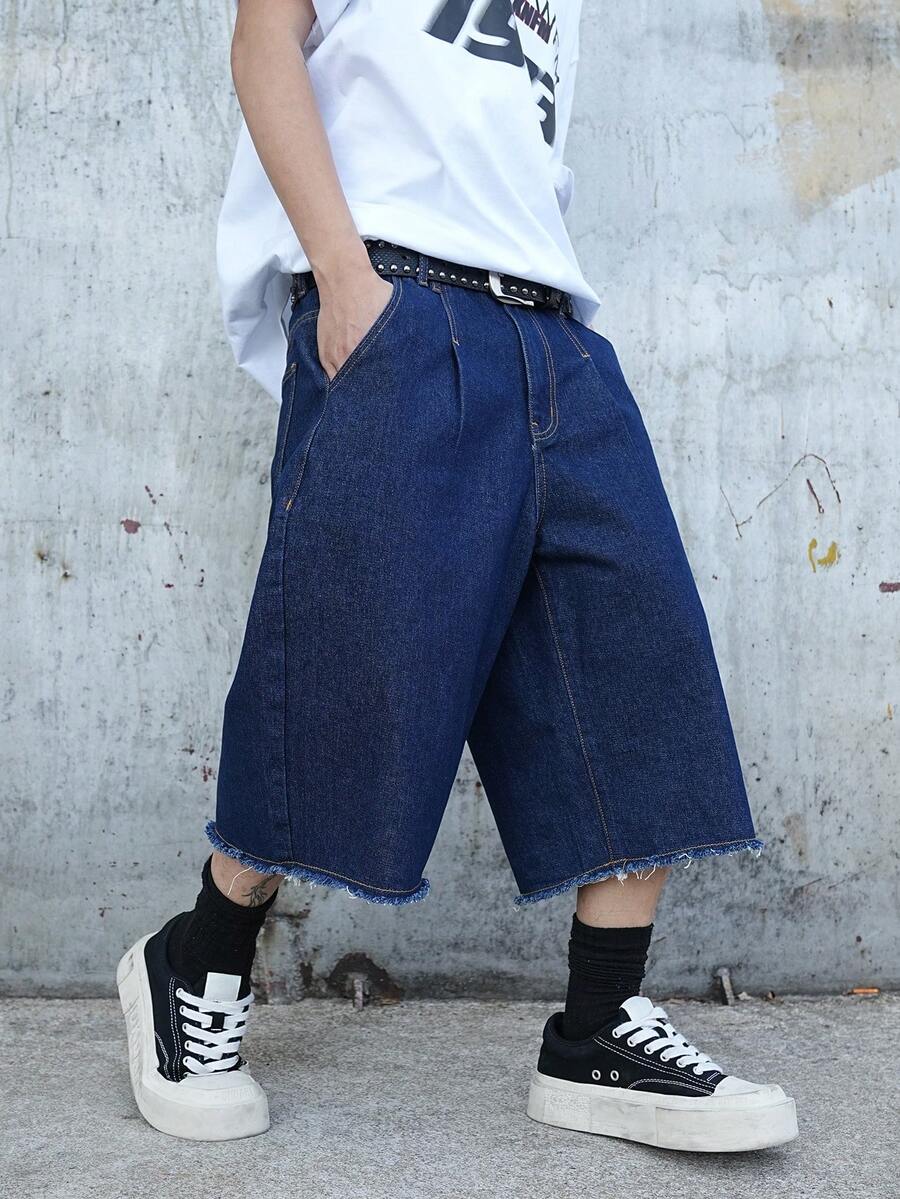 Manfinity Roughcore Men's Solid Color Minimalist Denim Wide Leg Shorts - Dark Wash - View 1
